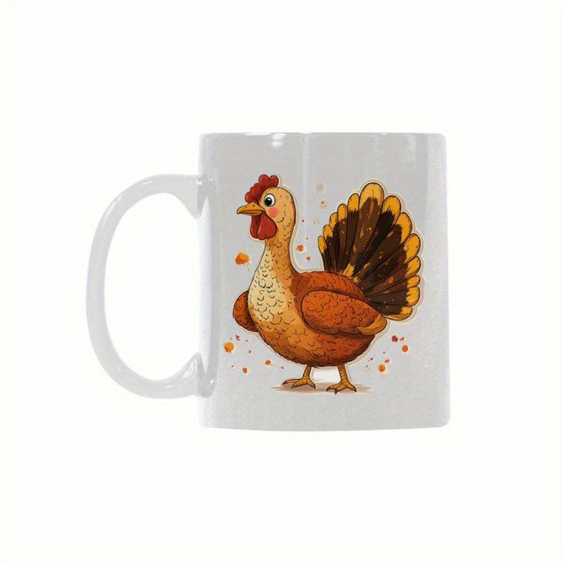 Tailorly White Ceramic 11 oz Mug - Cartoon Brown Bird Standing With Spread Tail Feathers And Splatter Details Turkey