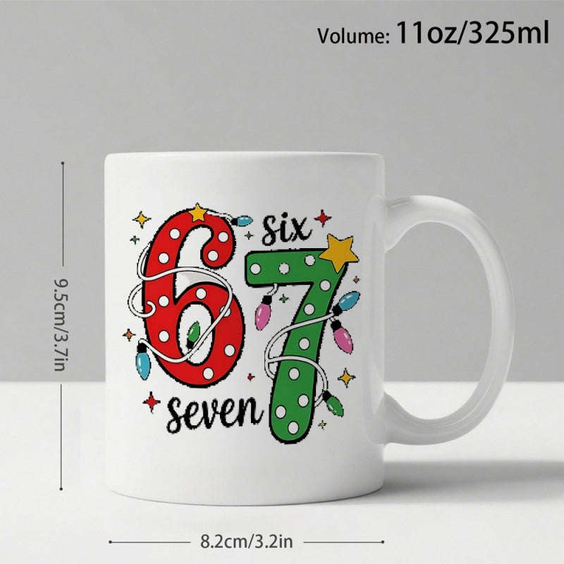 Tailorly White Ceramic 11 oz Mug - Six Seven Colorful Polka Dot Numbers With Festive Christmas Lights And Sparkly Stars Decoration