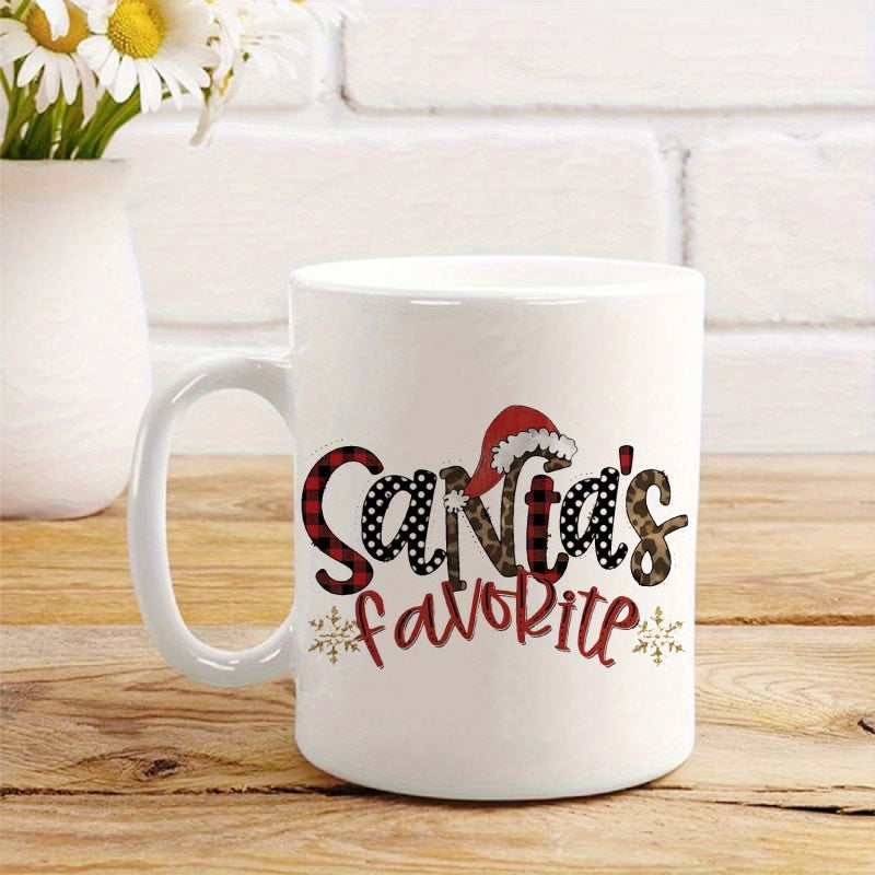 Tailorly White Ceramic 11 oz Mug - Santa's Favorite Festive Red Buffalo Plaid And Leopard Print Pattern With A Small Santa Sign