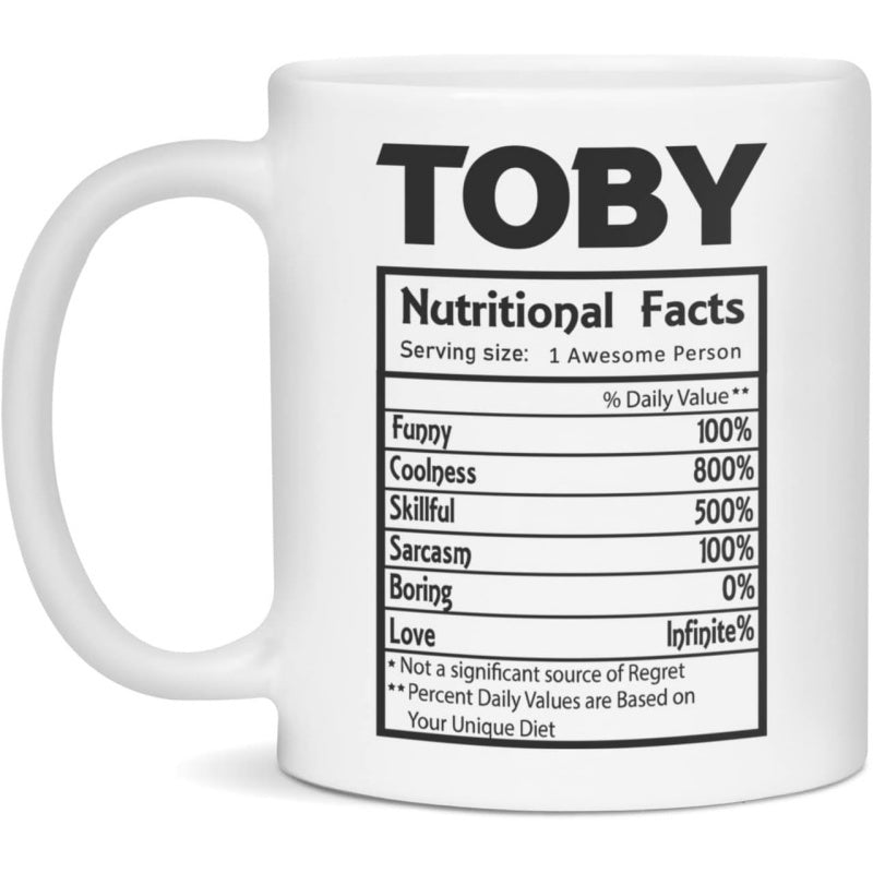 Tailorly White Ceramic 11 oz Mug - Toby Nutritional Facts Minimalist Black Text Print On A Smooth Ceramic Mug