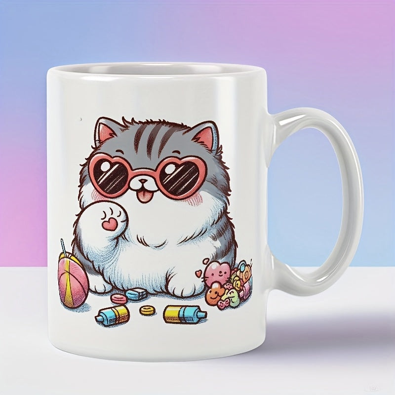 Tailorly White Ceramic 11 oz Mug - Adorable Chubby Fluffy Grey Feline Wearing Pink Heart Shaped Sunglasses Waving Paw Cat