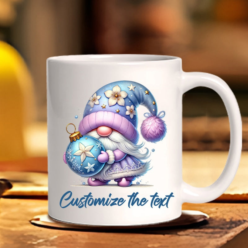 Tailorly White Ceramic 11 oz Mug - Customize The Text Adorable Nordic Gnome Holding A Sparkling Star Ornament Among Winter Atmosphere Gnome