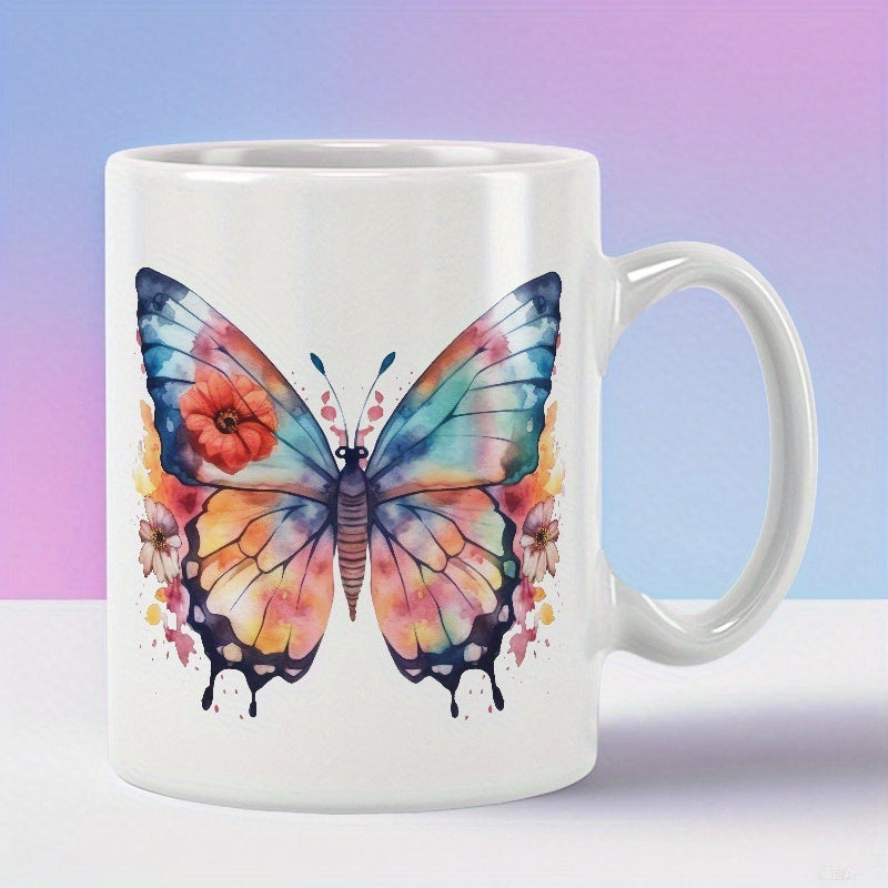 Tailorly White Ceramic 11 oz Mug - Vibrant Watercolor Wings Decorated With Delicate Pink Flowers And Petals Butterfly
