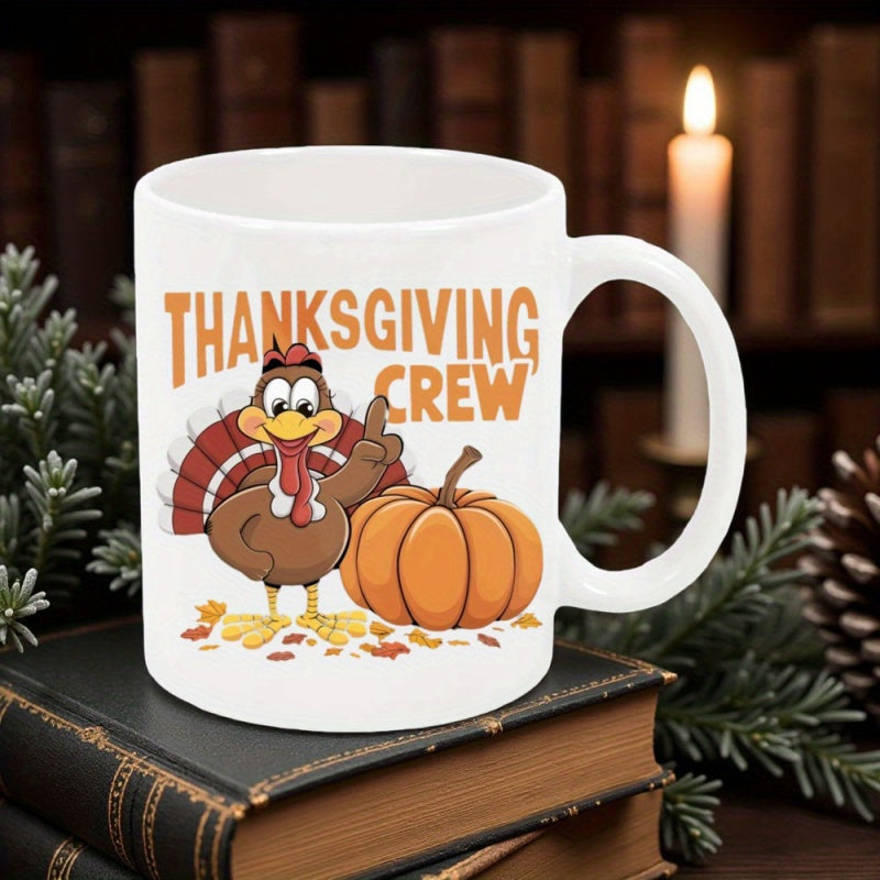Tailorly White Ceramic 11 oz Mug - Thanksgiving Crew Festive Cartoon Character Standing Beside Large Orange Pumpkin Among Falling Leaves Turkey