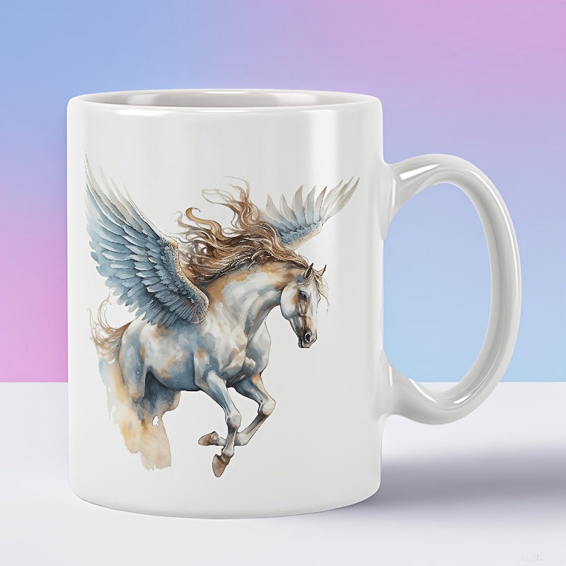 Tailorly White Ceramic 11 oz Mug - Majestic Mythical Creature With Large Blue Wings Galloping In Air Pegasus