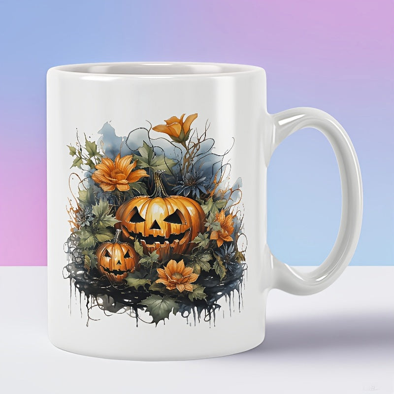 Tailorly White Ceramic 11 oz Mug - Artistic Watercolor Halloween Scene With Autumn Flowers And Leaves Carved Pumpkin