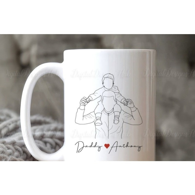 Tailorly White Ceramic 11 oz Mug - Daddy Anthony Minimalist Line Art Drawing Of Man Carrying A Child Father