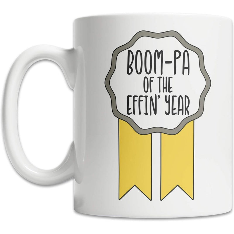 Tailorly White Ceramic 11 oz Mug - Boom Pa Of The Effin Year Yellow Ribbon Badge Award Design Celebrating A Funny Grandfather Achievement Medal