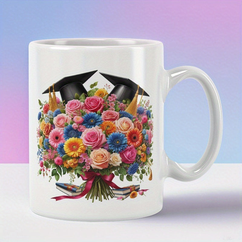 Tailorly White Ceramic 11 oz Mug - Vibrant Colorful Floral Arrangement With Graduation Caps And Academic Books Bouquet
