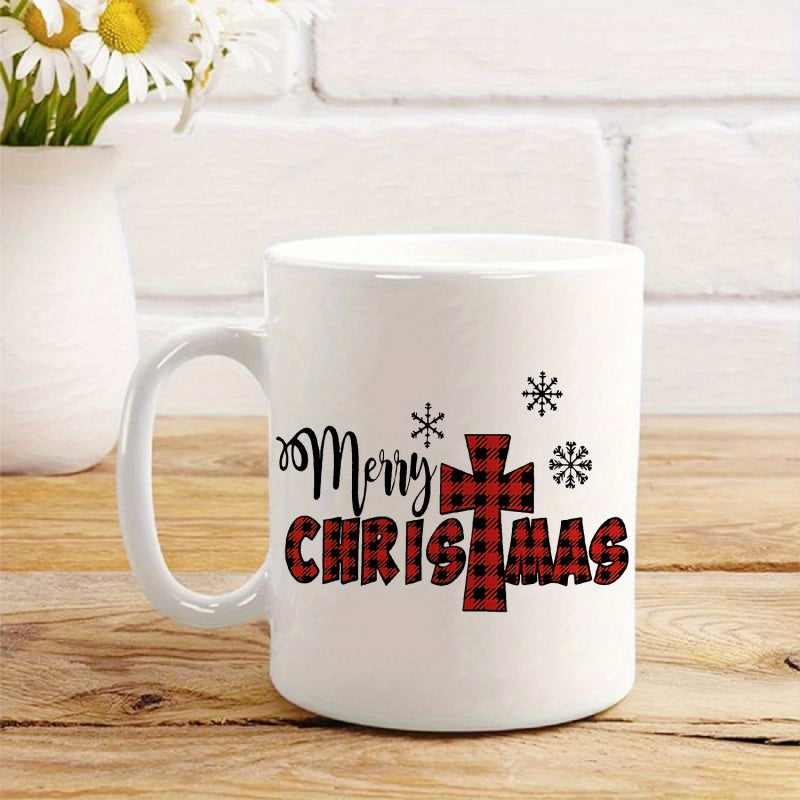 Tailorly White Ceramic 11 oz Mug - Merry Christmas Buffalo Plaid Pattern Text Featuring Snowflakes And A Rustic Christian Cross