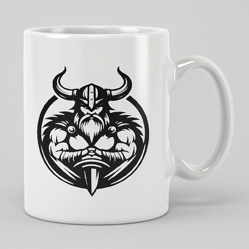 Tailorly White Ceramic 11 oz Mug - Powerful Bearded Warrior Wearing Horned Helmet Within Circular Shield Like Frame Viking