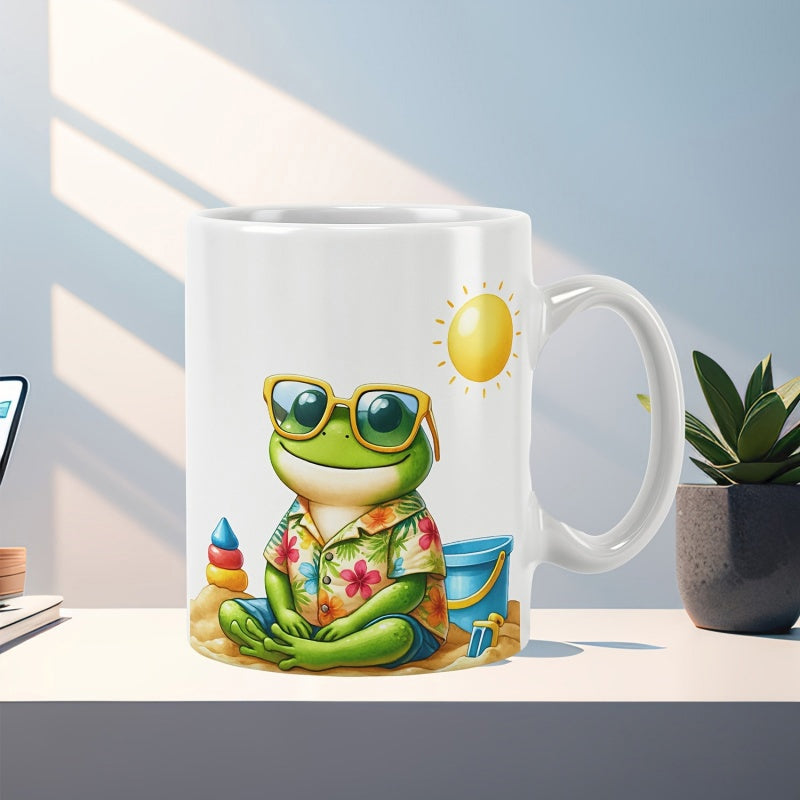 Tailorly White Ceramic 11 oz Mug - Cute Green Wearing Yellow Sunglasses And Floral Shirt Sitting On Beach Frog