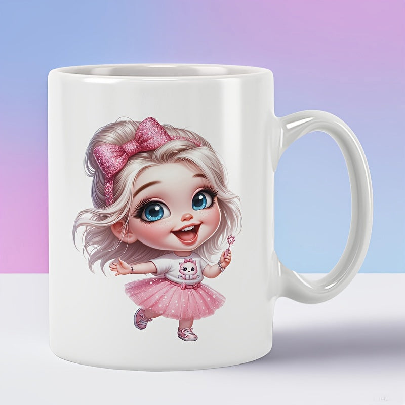 Tailorly White Ceramic 11 oz Mug - Adorable Animated Little Princess Wearing A Sparkling Pink Tutu Ballerina Girl