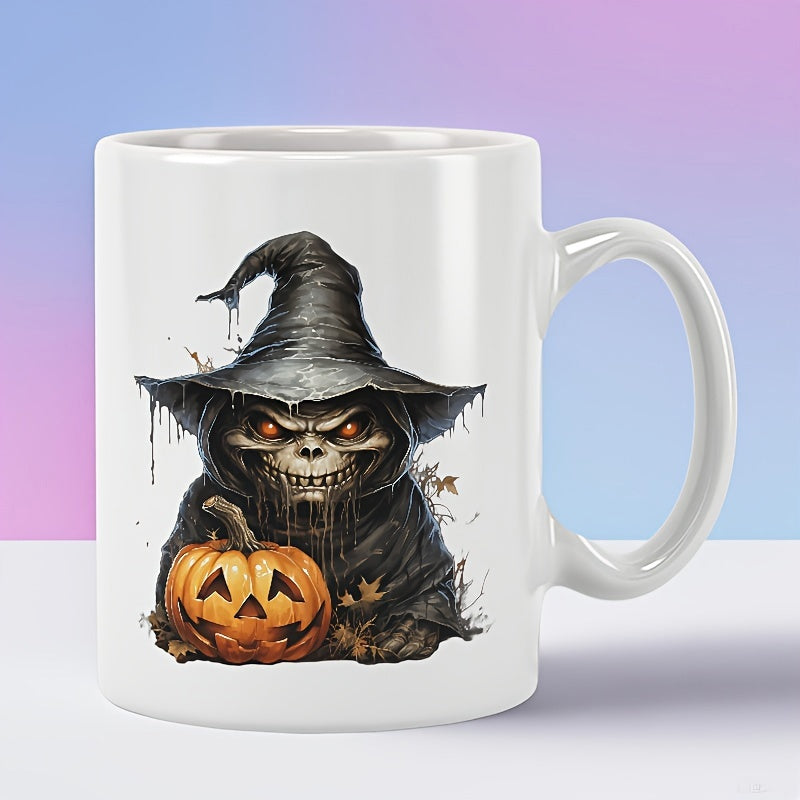 Tailorly White Ceramic 11 oz Mug - Creepy Skeletal Wizard Wearing Tattered Black Pointed Hat Holding Carved Halloween Skeleton