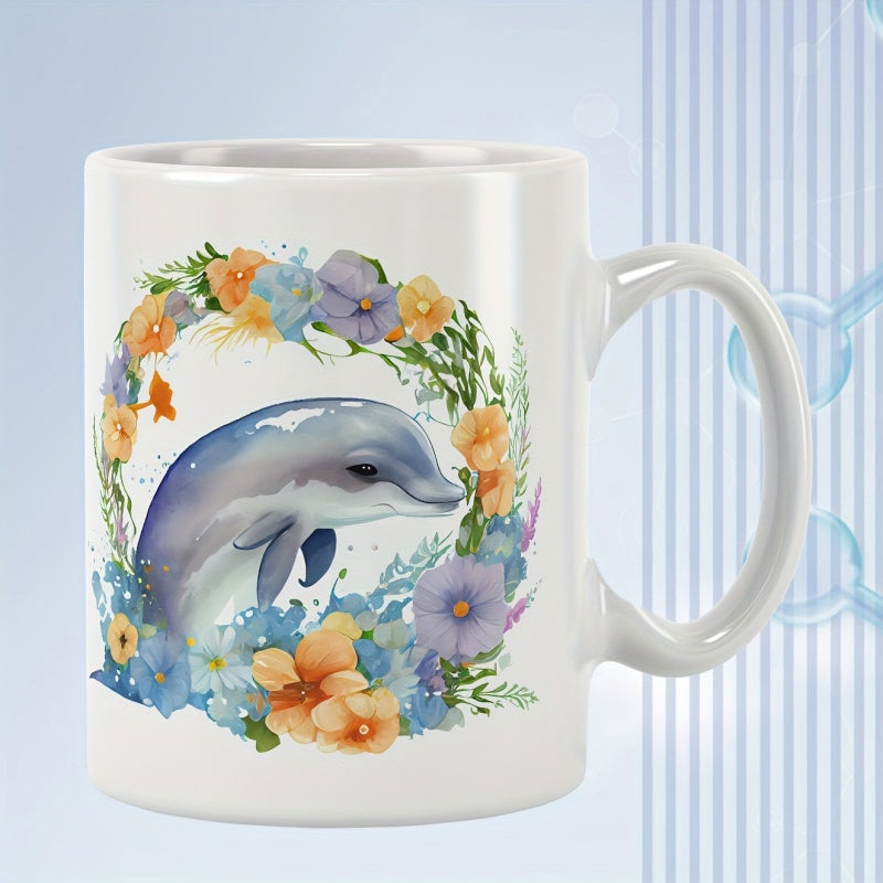 Tailorly White Ceramic 11 oz Mug - Watercolor Sea Creature Surrounded By Colorful Blooming Spring Floral Wreath Dolphin