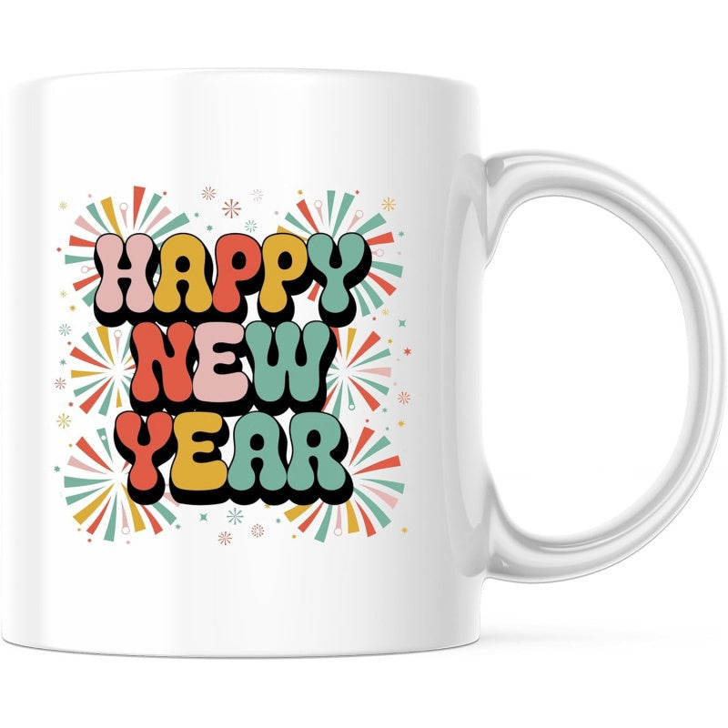 Tailorly White Ceramic 11 oz Mug - Happy New Year Retro Vibrant Starbursts Featuring Colorful Vintage Festive Decorative Elements Celebration