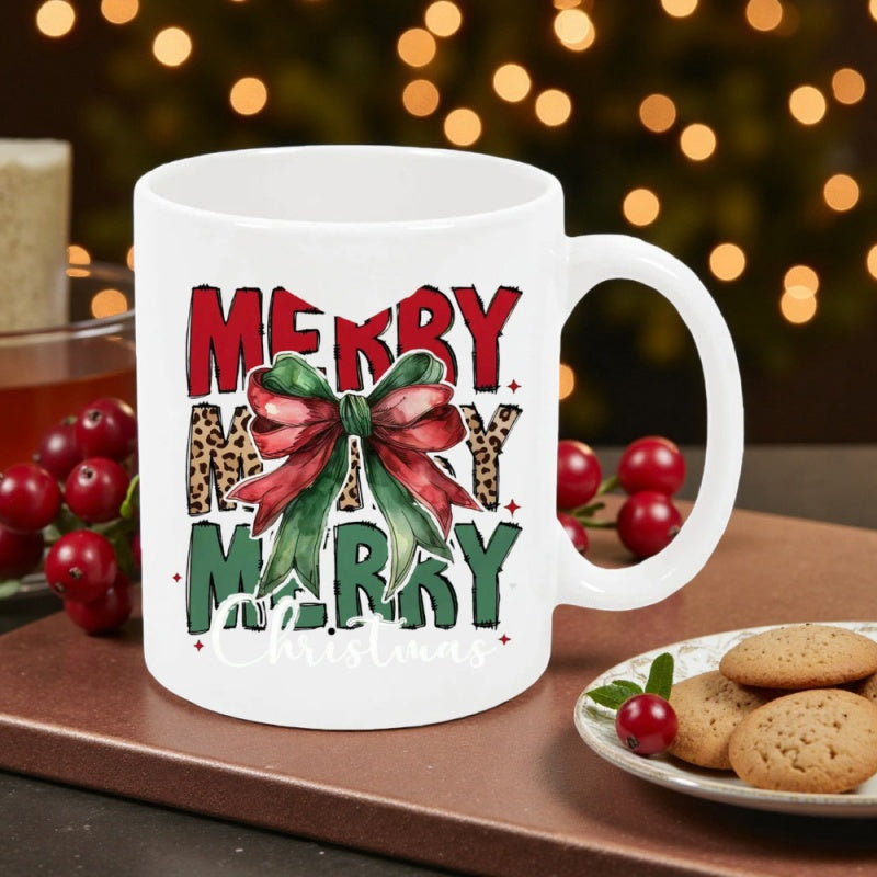 Tailorly White Ceramic 11 oz Mug - Merry Christmas Red And Green Ribbon Tied In A Large Festive Holiday Bow