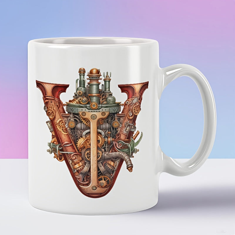 Tailorly White Ceramic 11 oz Mug - Intricate Industrial Brass Gears With Mechanical Pipes And Metallic Cogs Letter