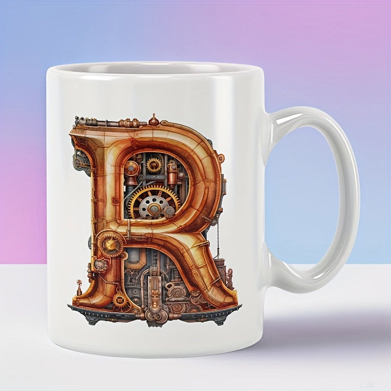 Tailorly White Ceramic 11 oz Mug - Intricate Steampunk Industrial Gears And Metallic Pipes Forming A Vintage Letter R