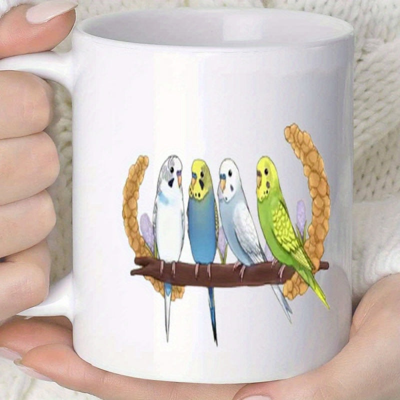 Tailorly White Ceramic 11 oz Mug - Colorful Parakeets Resting On A Branch With Golden Grains Of Millet Budgerigar