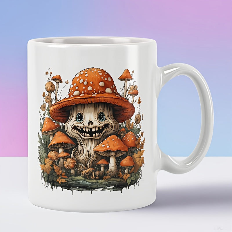 Tailorly White Ceramic 11 oz Mug - Vintage Creepy Smiling Forest Creature Nestled Among Small Wild Orange Cap Mushroom