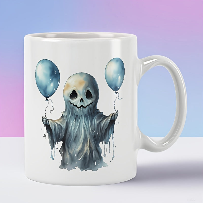 Tailorly White Ceramic 11 oz Mug - Spooky Tattered Figure Holding Light Blue Balloons In A Surreal Atmosphere Ghost