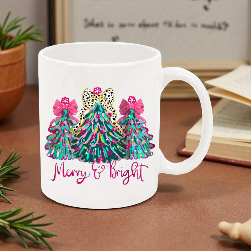 Tailorly White Ceramic 11 oz Mug - Merry Bright Colorful Textured Festive Evergreens With Vibrant Pink And Leopard Bows Christmas Tree
