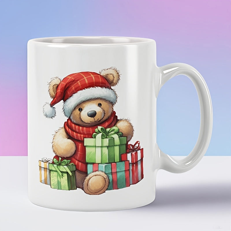 Tailorly White Ceramic 11 oz Mug - Adorable Christmas Teddy Wearing Red Hat And Scarf Among Wrapped Gifts Bear
