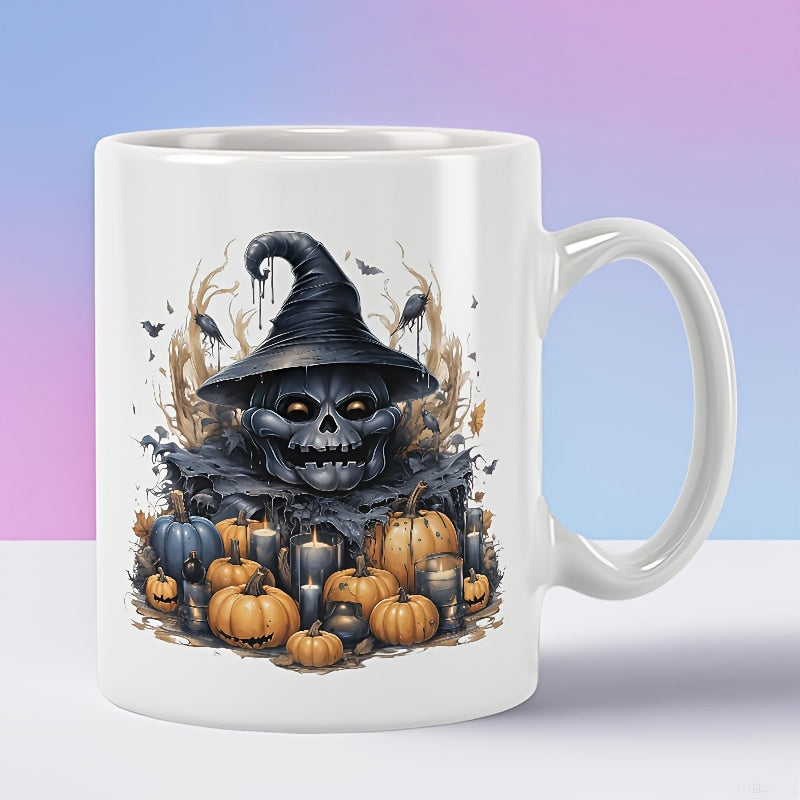 Tailorly White Ceramic 11 oz Mug - Spooky Halloween Skull Wearing Pointed Witch Hat Surrounded By Harvest Pumpkins Scarecrow