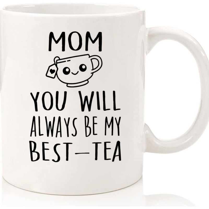 Tailorly White Ceramic 11 oz Mug - Mom You Will Always Be My Best Tea Cute Smiling Teacup Featuring Heart Tag Tea Bag Simple Line Art Mug