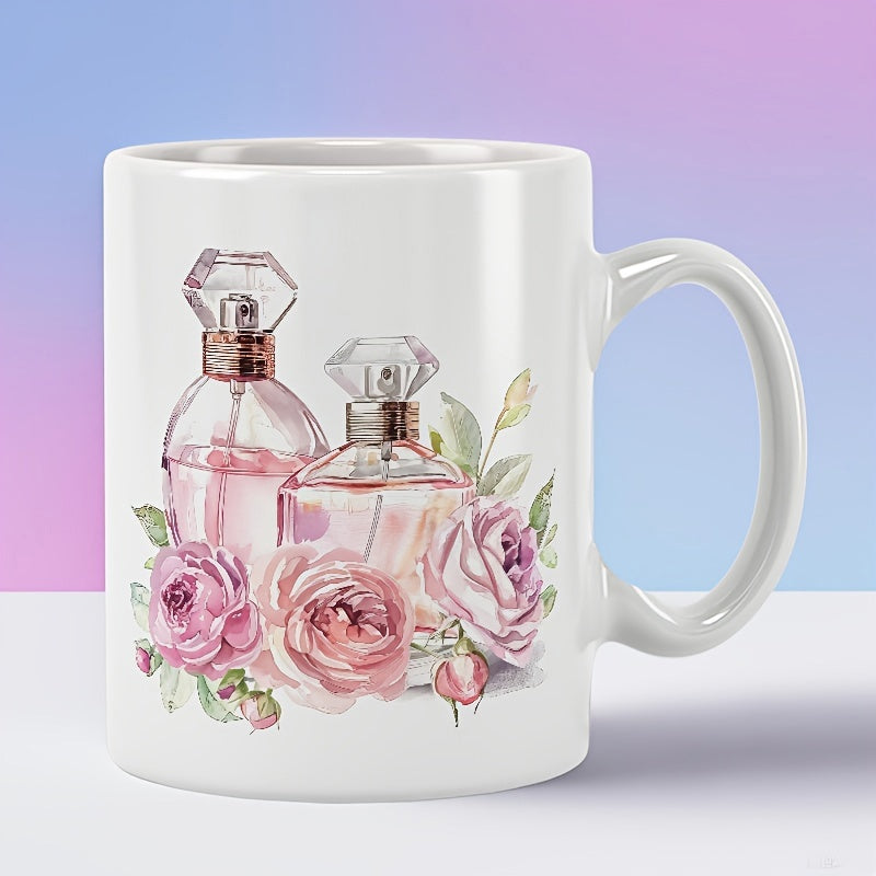 Tailorly White Ceramic 11 oz Mug - Elegant Crystal Bottles Surrounded By Soft Watercolor Pink Roses And Leaves Perfume