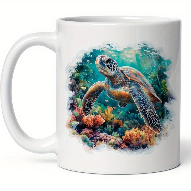 Tailorly White Ceramic 11 oz Mug - Graceful Watercolor Sea Creature Swimming Among Vibrant Deep Ocean Coral Reefs Turtle