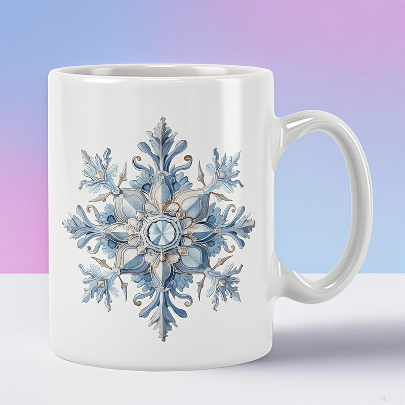 Tailorly White Ceramic 11 oz Mug - Elegant Ornate Winter Pattern Featuring Detailed Icy Blue Crystal Layers Snowflake