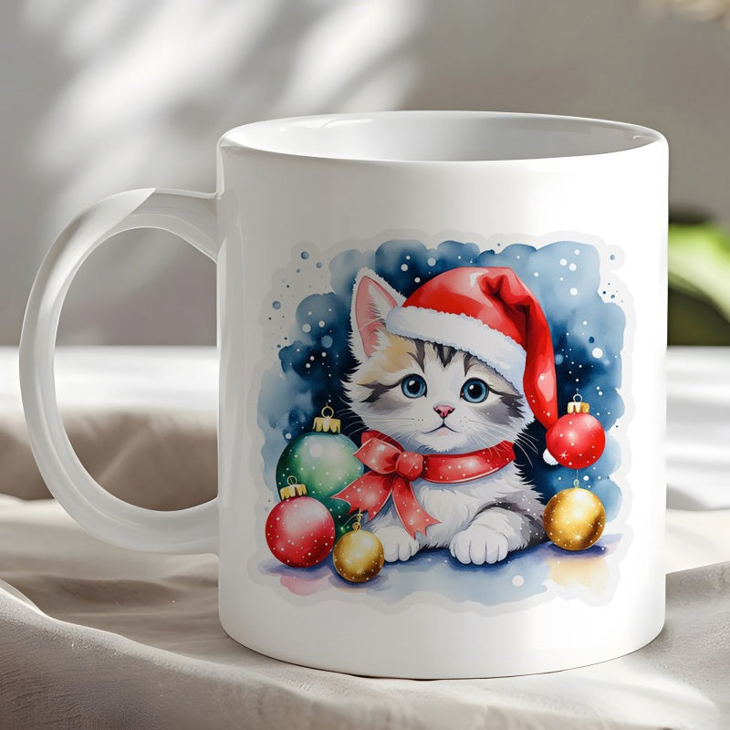 Tailorly White Ceramic 11 oz Mug - Watercolor Style Kitten Wearing Santa Hat Among Festive Christmas Baubles Cat