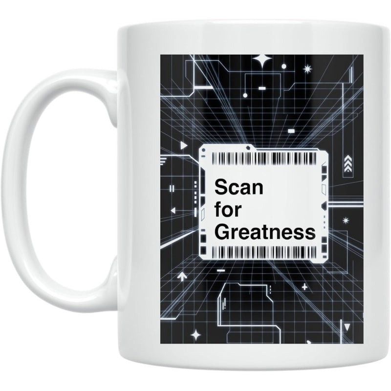Tailorly White Ceramic 11 oz Mug - Scan For Greatness Digital Grid Background Featuring Futuristic Cyber Lines Tech Interface Design
