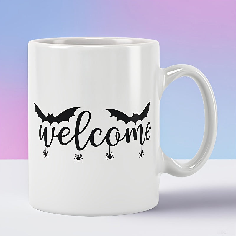 Tailorly White Ceramic 11 oz Mug - Welcome Spooky Halloween Theme Featuring Flying Bats And Tiny Hanging Spiders Spider