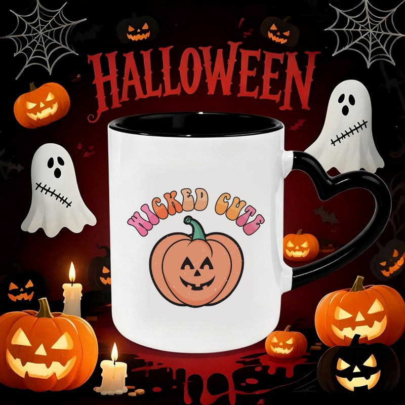 Tailorly Black Accent 11 oz Mug - heart shaped handle pumpkin pattern