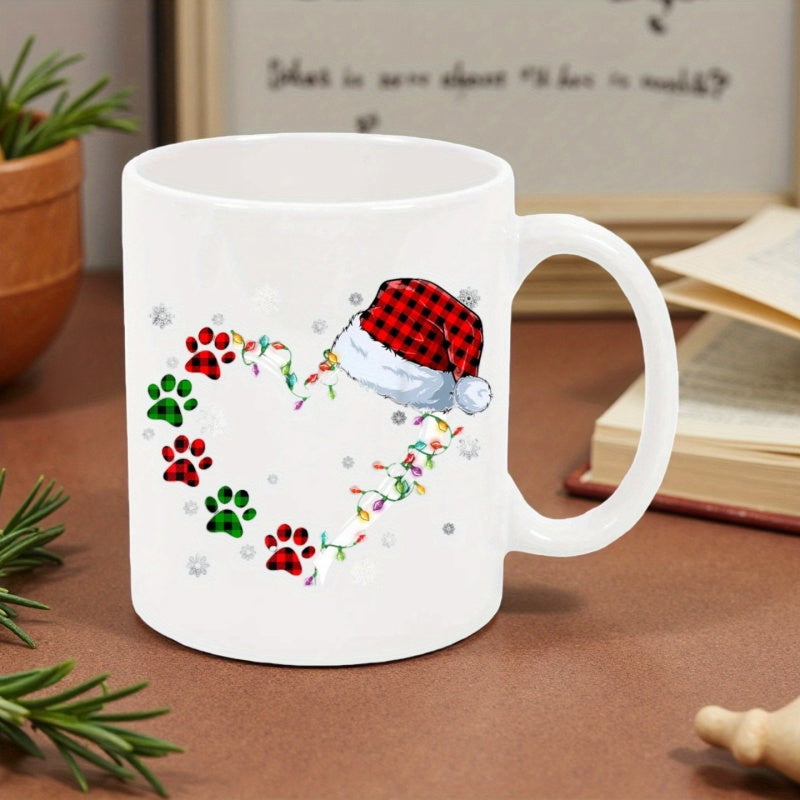 Tailorly White Ceramic 11 oz Mug - Festive Plaid Paw Prints With Colorful String Lights And Santa Hat Heart
