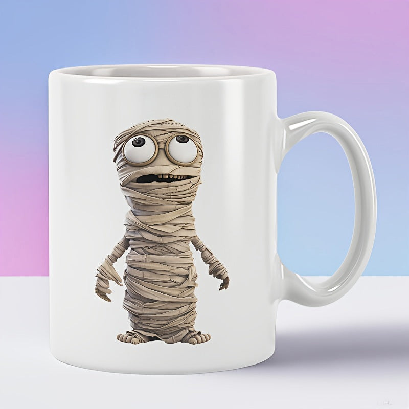 Tailorly White Ceramic 11 oz Mug - Adorable Small Character Wrapped In Weathered White Bandages Looking Upward Toward Sky Mummy