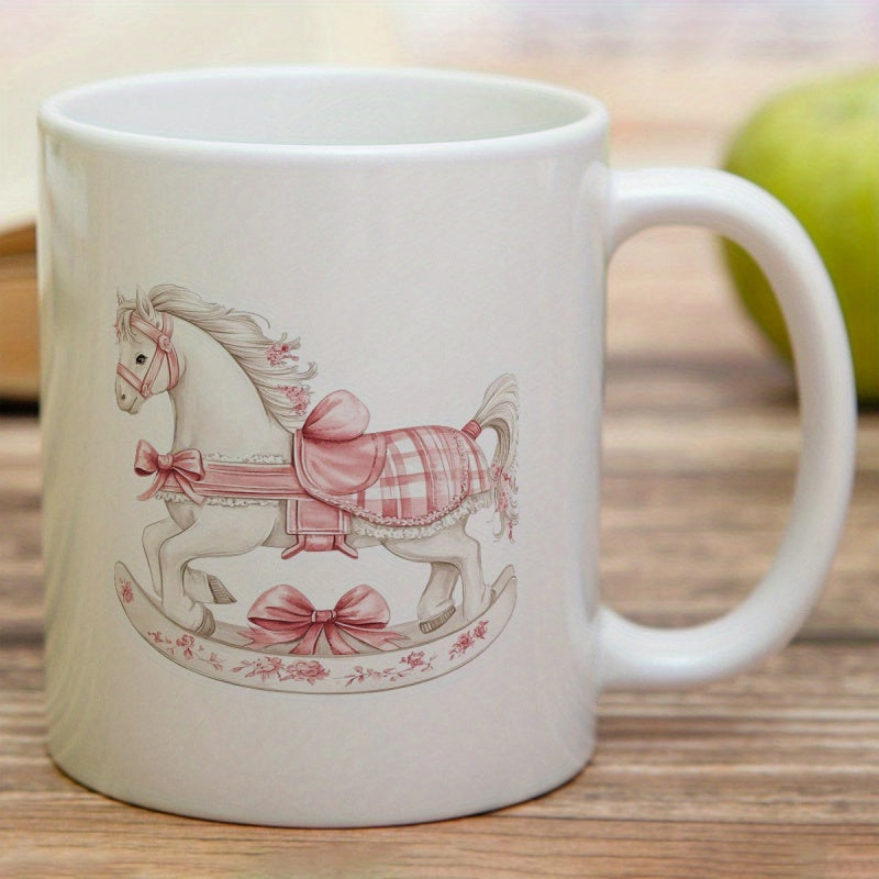 Tailorly White Ceramic 11 oz Mug - Vintage Styled White Toy Horse With Pink Ribbons And Floral Accents Rocking Horse