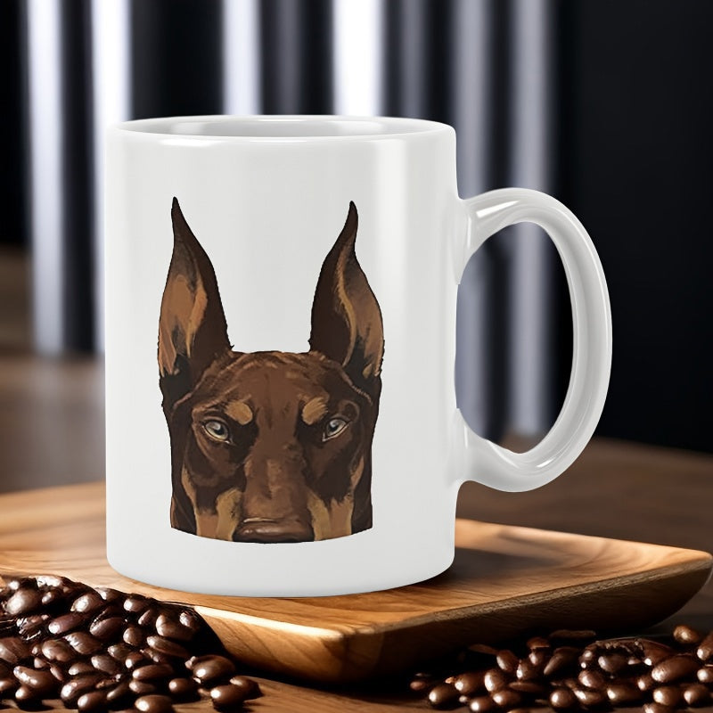 Tailorly White Ceramic 11 oz Mug - Detailed Artistic Illustration Of A Proud Brown Pinscher Face Doberman