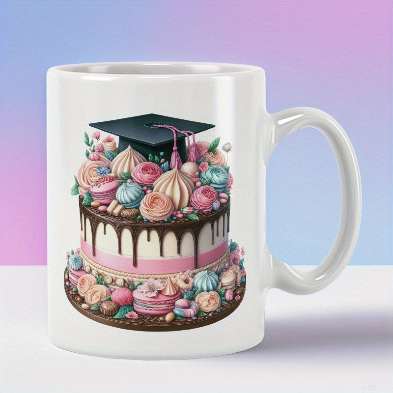 Tailorly White Ceramic 11 oz Mug - Festive Multi Tiered Celebration Treat Decorated With Flowers And Graduation Cap Cake