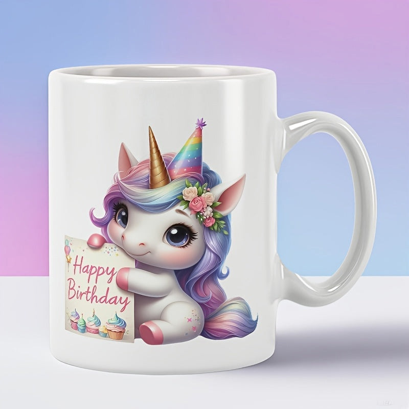 Tailorly White Ceramic 11 oz Mug - Happy Birthday Chibi Magical Creature With Pastel Rainbow Mane And Festive Party Hat Unicorn
