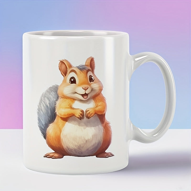 Tailorly White Ceramic 11 oz Mug - Chubby Cartoon Character Sitting With Fluffy Tail And Happy Smile Squirrel
