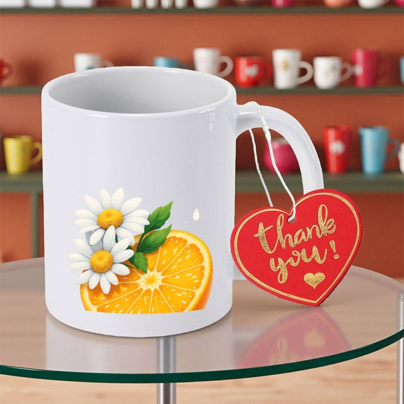 Tailorly White Ceramic 11 oz Mug - Thank You Sliced Citrus Fruit With White Daisies And Fresh Green Leaves Orange