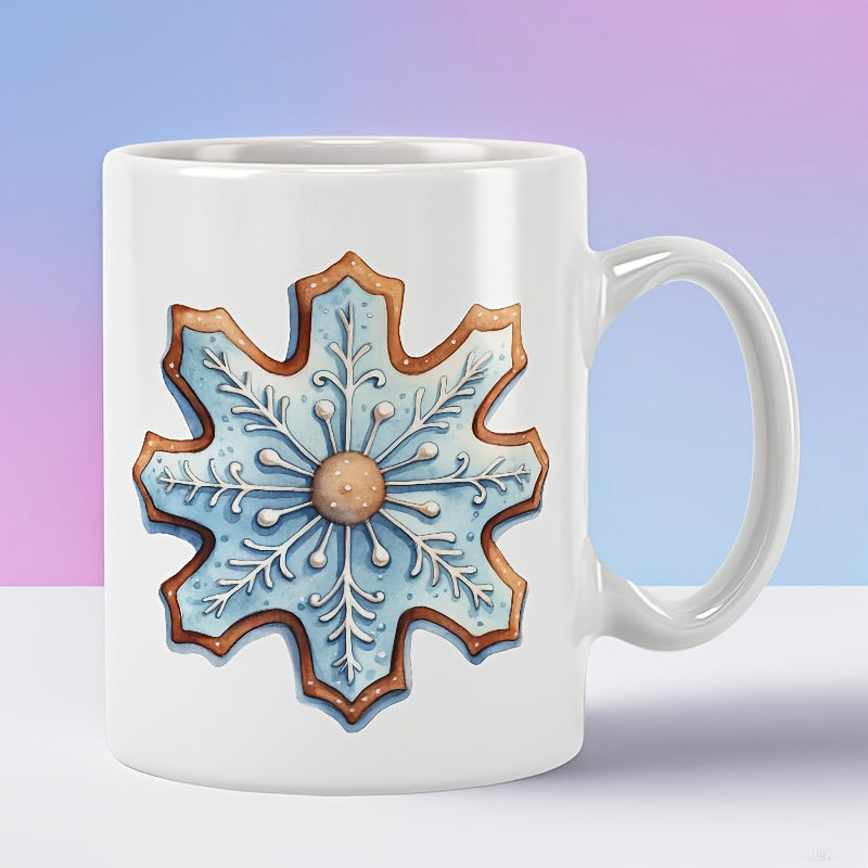 Tailorly White Ceramic 11 oz Mug - Festive Winter Gingerbread Cookie Featuring Blue Icing And White Delicate Frosting Patterns Snowflake