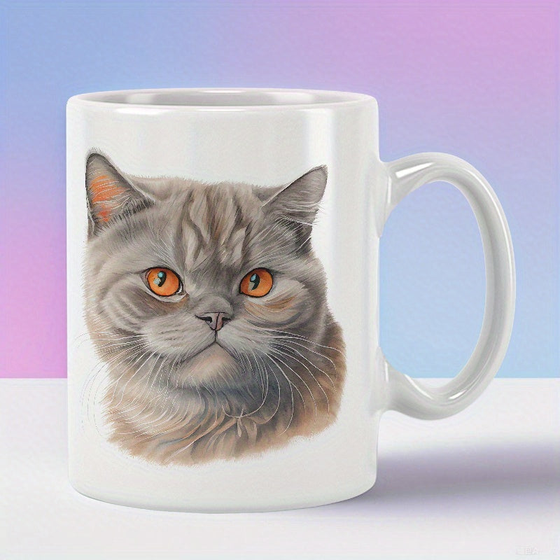 Tailorly White Ceramic 11 oz Mug - Cute Grey British Shorthair Face With Bright Orange Expressive Eyes Portrait Cat