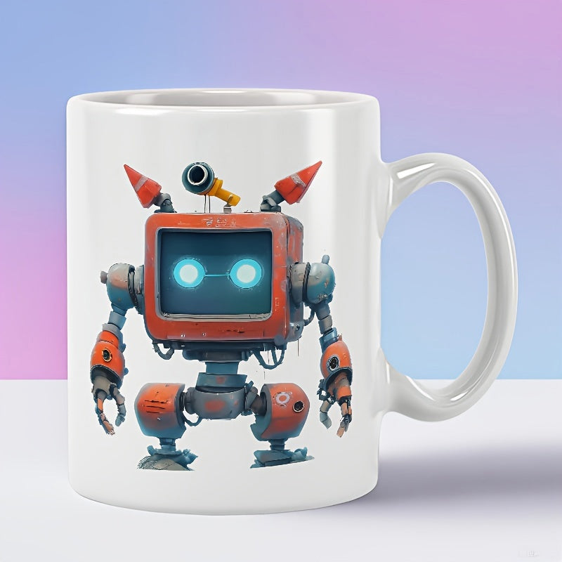 Tailorly White Ceramic 11 oz Mug - Retro Orange Mechanical Figure With Glowing Blue Eyes And Weathered Metal Robot