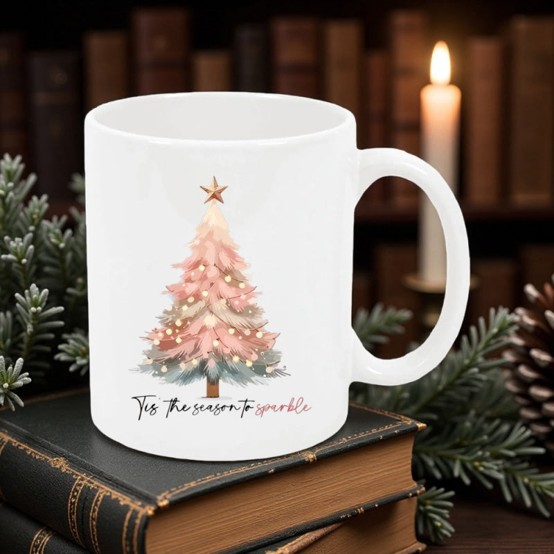 Tailorly White Ceramic 11 oz Mug - Tis The Season To Sparkle Watercolor Textured Festive Pine Decorated With Golden Glowing Lights Tree