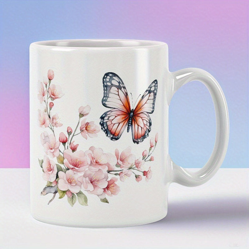 Tailorly White Ceramic 11 oz Mug - Elegant Pink Cherry Blossoms Surrounded By A Vibrant Painted Monarch Butterfly